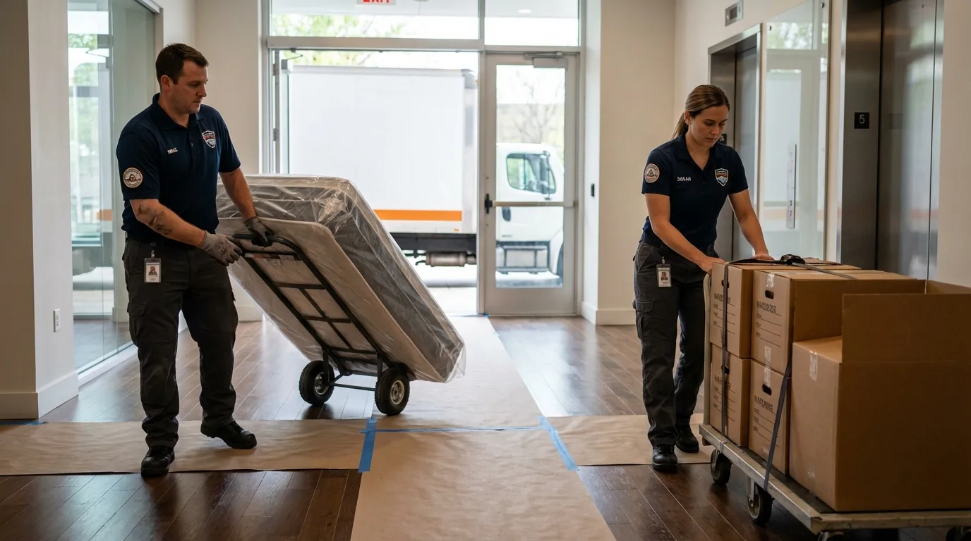 Professional apartment movers loading elevator in Bristol, RI